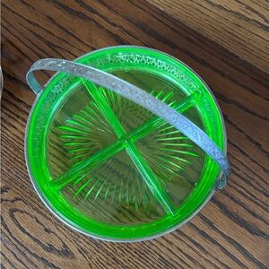 Vintage Green Glass Divided Dish with Silver Handle